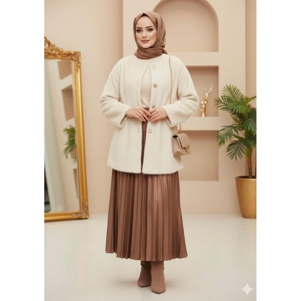 Beli Büzgülü Yumoş Mont 99009 - Bej - L - AZRA07279-Bej-L