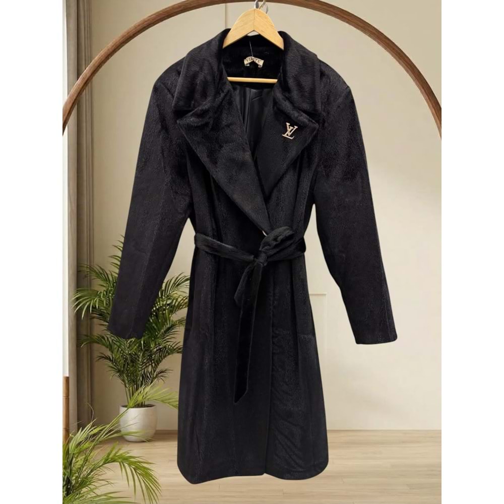Broşlu Kaşe Kaban 9013 - Siyah - 40 - AZRA07295-Siyah-40