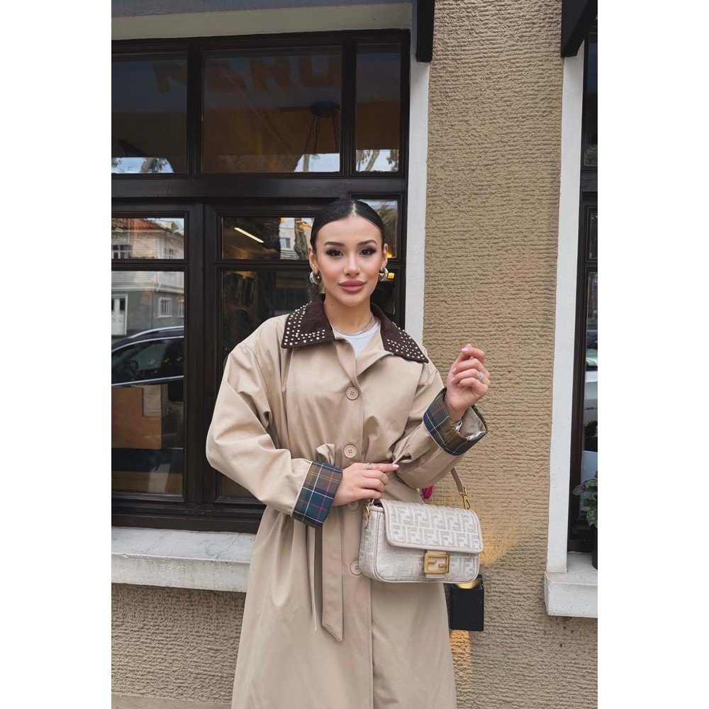 Yakası Taşlı Kap 140212 - Bej - TEK BEDEN - AZRA07334-Bej-TEK BEDEN