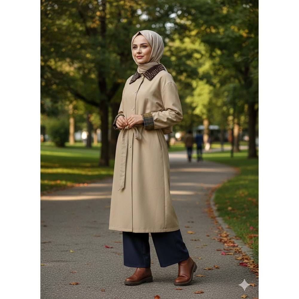 Yakası Taşlı Kap 140212 - Bej - TEK BEDEN - AZRA07334-Bej-TEK BEDEN