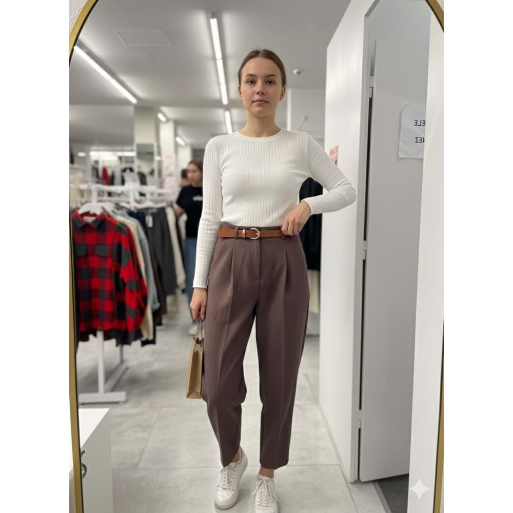 Kemerli Havuç Paça Pantolon 50938 - Vizon - M - AZRA07349-Vizon-M