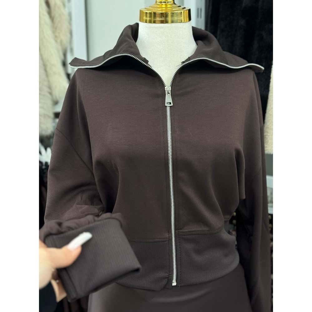 Yaka ve Etek Ucu Ribanalı Hırka 10253 - Acı Kahve - M - AZRA07359-Acı Kahve-M