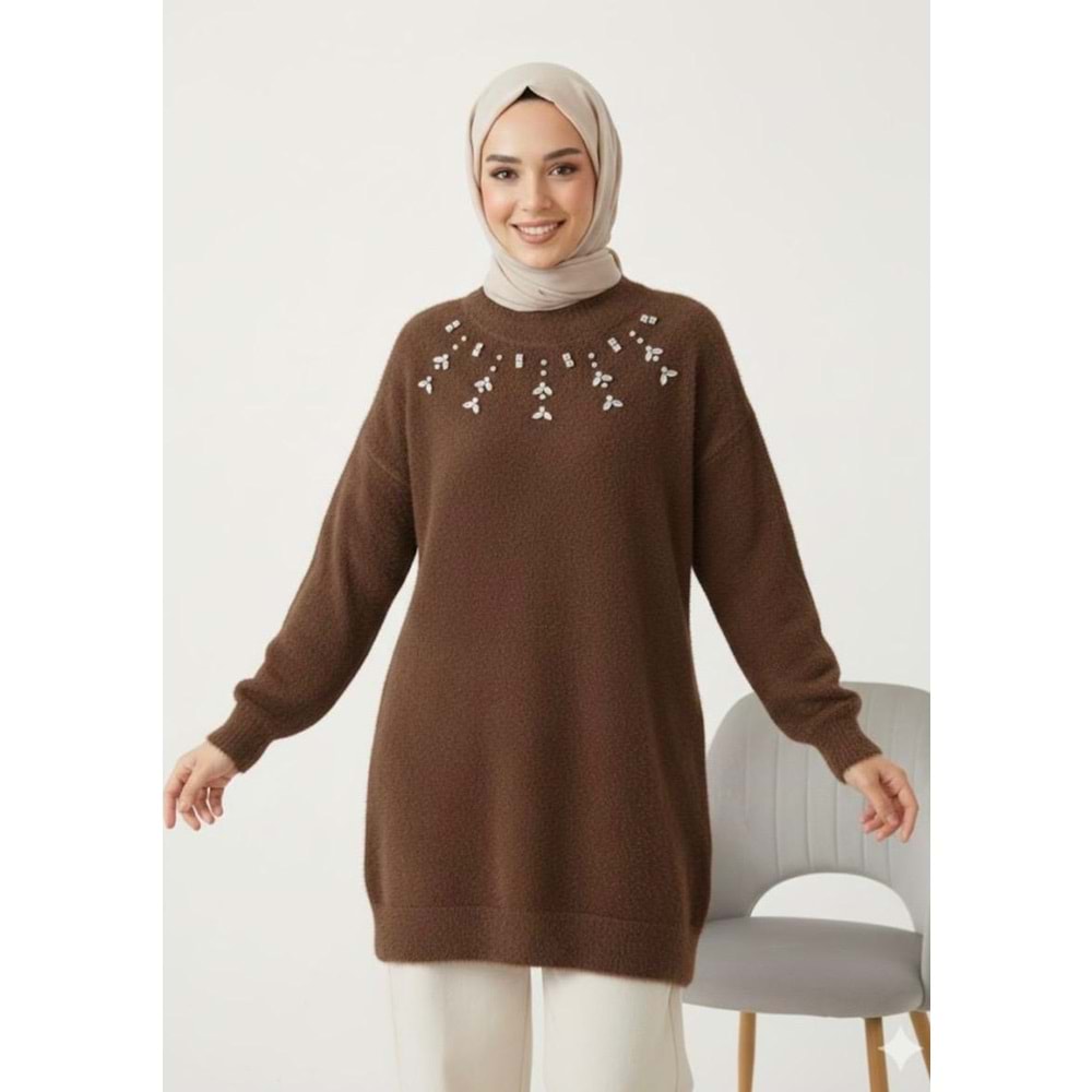 Taşlı Angora Tunik 25046 - Acı Kahve - TEK BEDEN - AZRA07373-Acı Kahve-TEK BEDEN