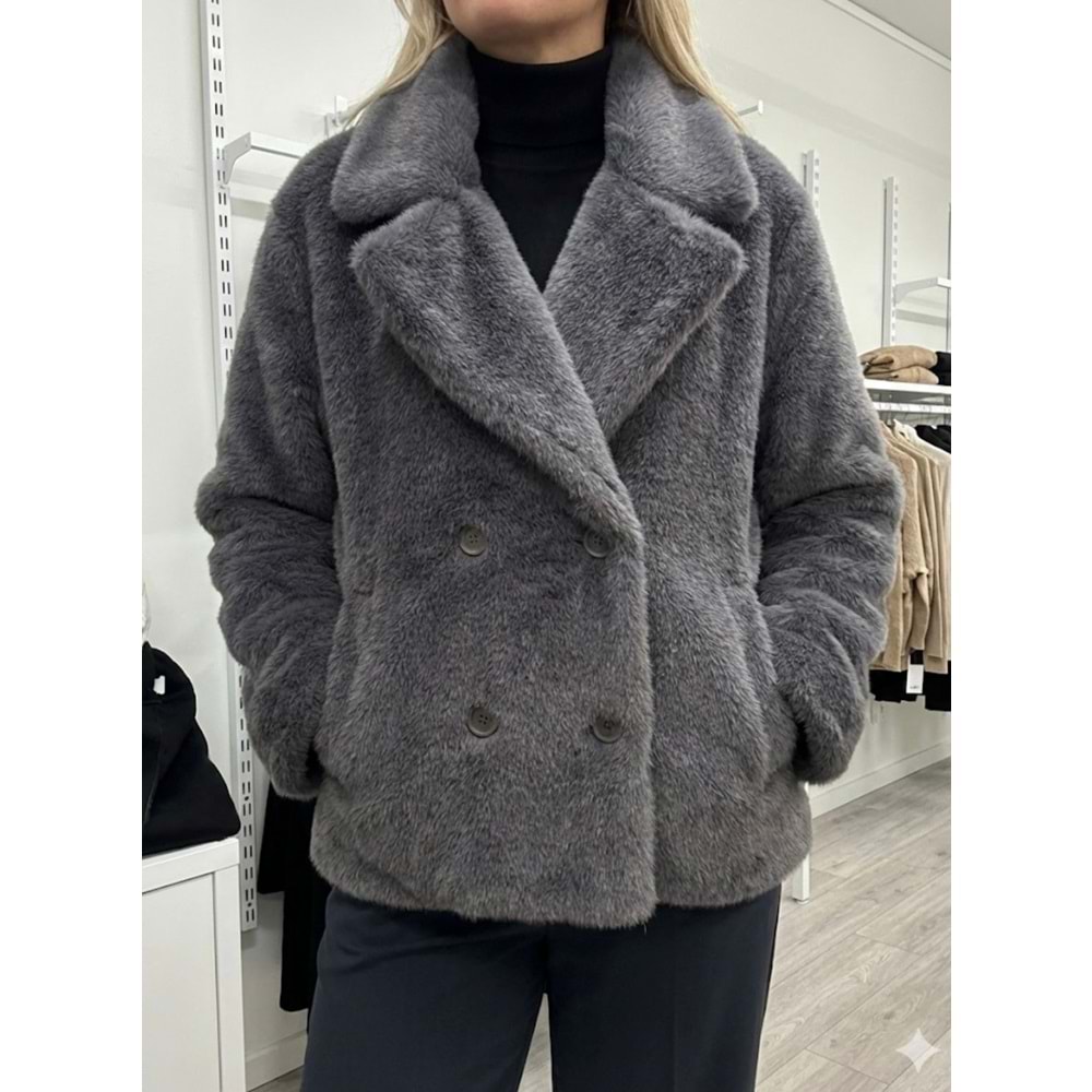 KMBN08 Kavuze Kürk Ceket 1005108 - Antrasit - M-L - AZRA07381-Antrasit-M-L