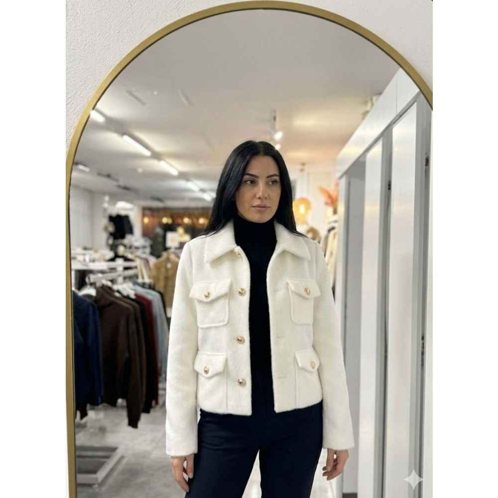 Cep Ve Düğme Detaylı Mont 1005254 - Ekru - M - AZRA07384-Ekru-M