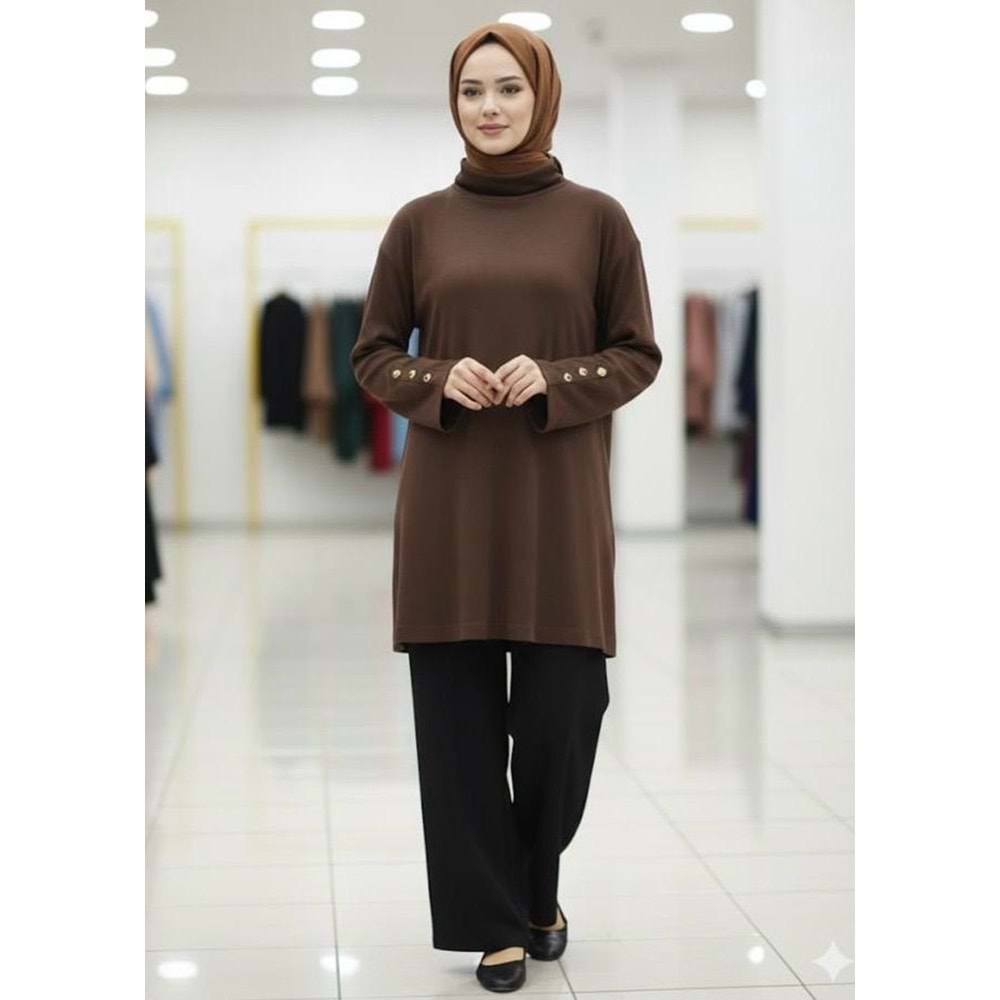 Yüksek Yakalı Kolları Düğmeli Tunik 35898 - Acı Kahve - TEK BEDEN - AZRA07385-Acı Kahve-TEK BEDEN