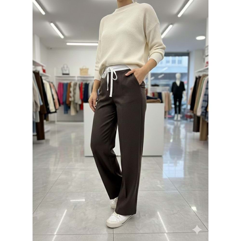Çizgili Bol Paça Pantolon 10500 - Acı Kahve - L - AZRA07422-Acı Kahve-L