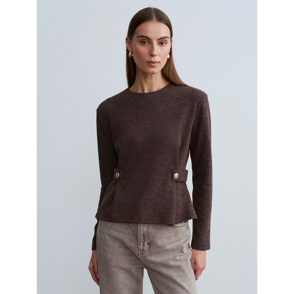 Düğmeli Fitilli Bluz 32429 - Acı Kahve - S - AZRA07431-Acı Kahve-S