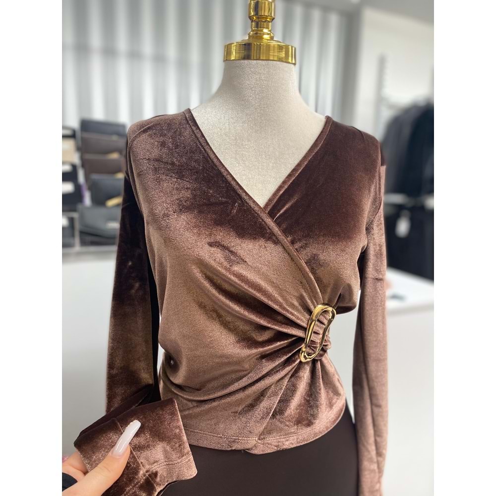 Kadife Bluz Tokalı 4898 - Kahve Rengi - M - AZRA07434-Kahve Rengi-M