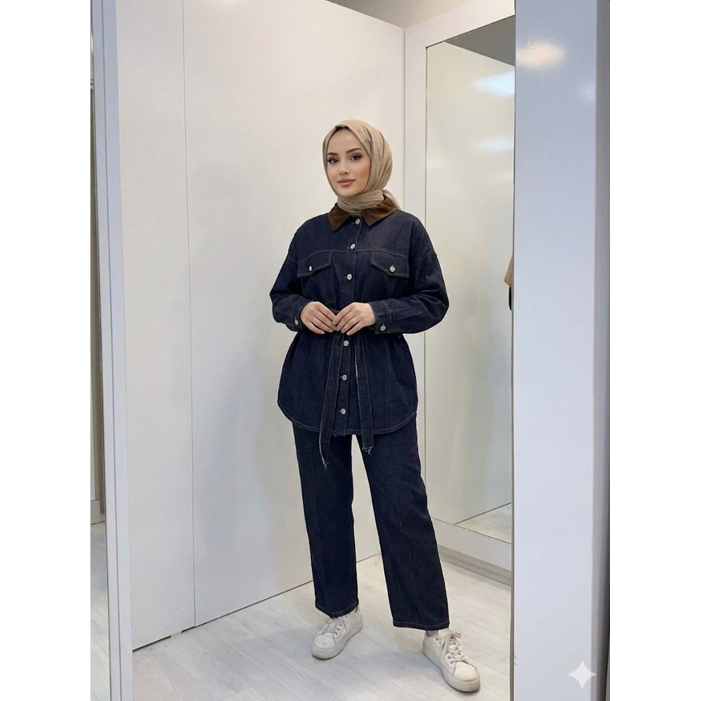 Yakası Süet Kot Takım 32413 - Lacivert - M - AZRA07439-Lacivert-M