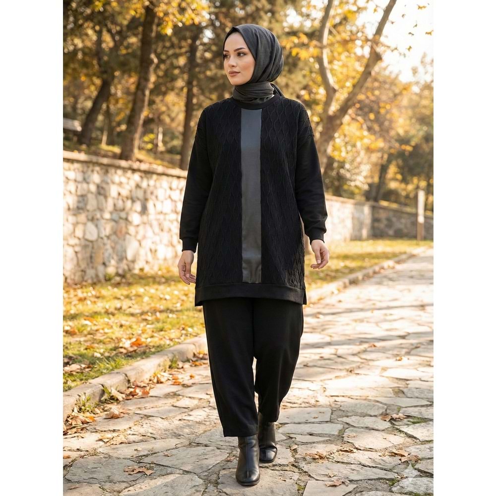 Deri Detaylı Tunik 10755 - Siyah - S-M - AZRA07440-Siyah-S-M