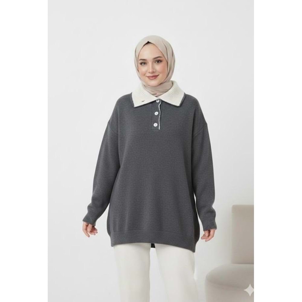 Çift Yakalı Triko Tunik 25043 - Antrasit - TEK BEDEN - AZRA07456-Antrasit-TEK BEDEN