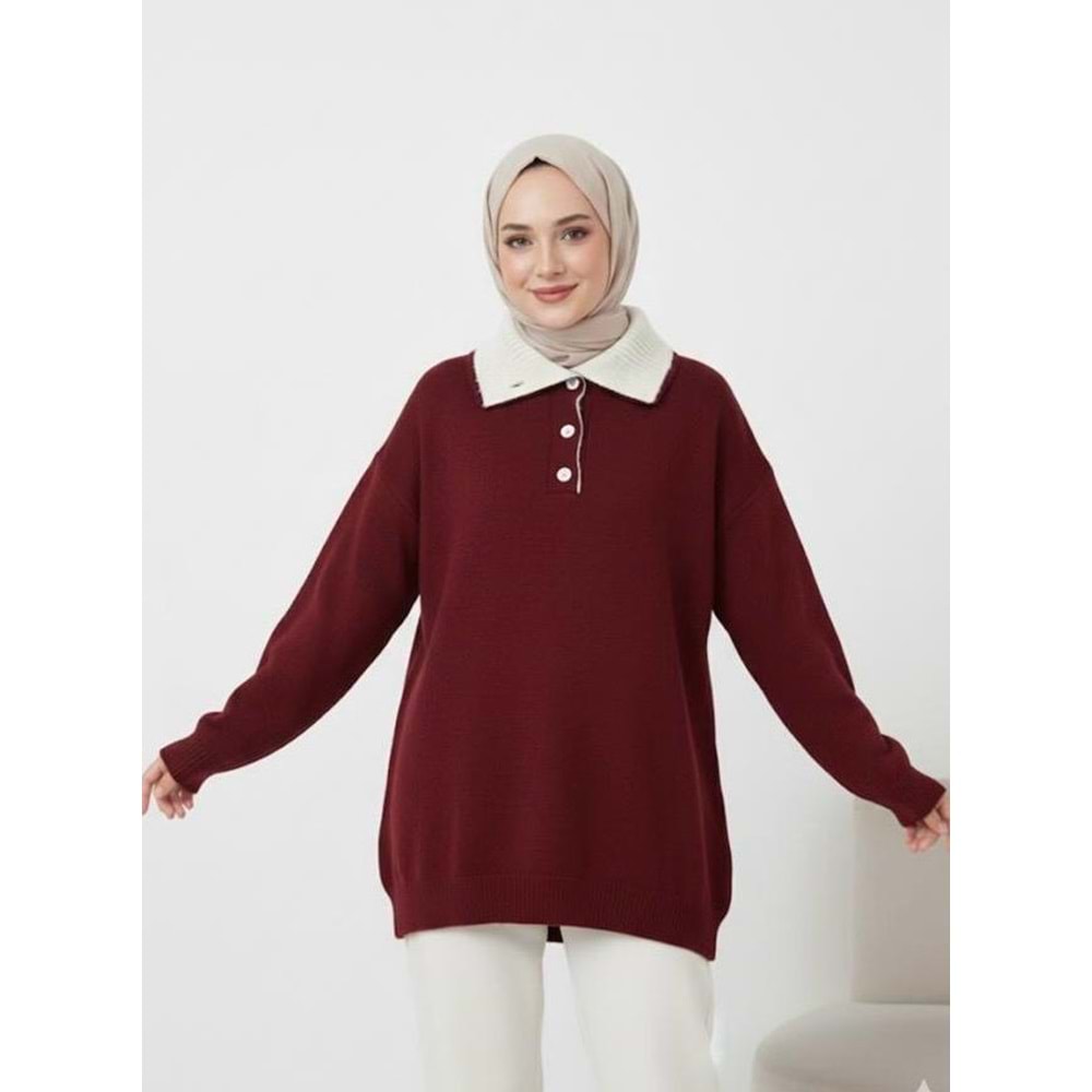 Çift Yakalı Triko Tunik 25043 - Bordo - TEK BEDEN - AZRA07456-Bordo-TEK BEDEN
