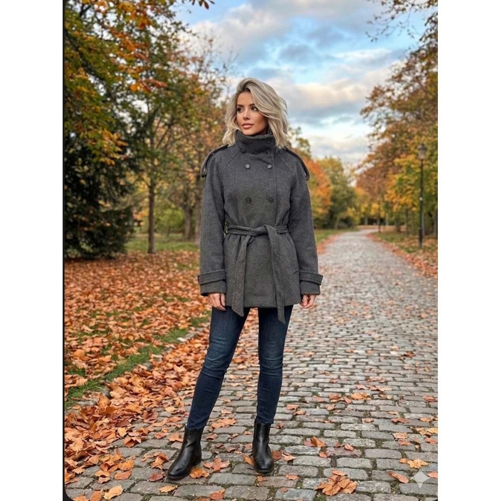 Dik Yakalı Kaşe Kaban 7676 - Antrasit - M - AZRA07461-Antrasit-M