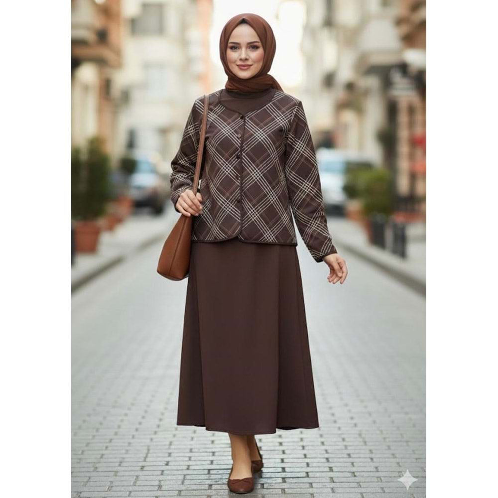 Ekose Desenli Etekli Takım 1133 - Acı Kahve - L - AZRA07476-Acı Kahve-L