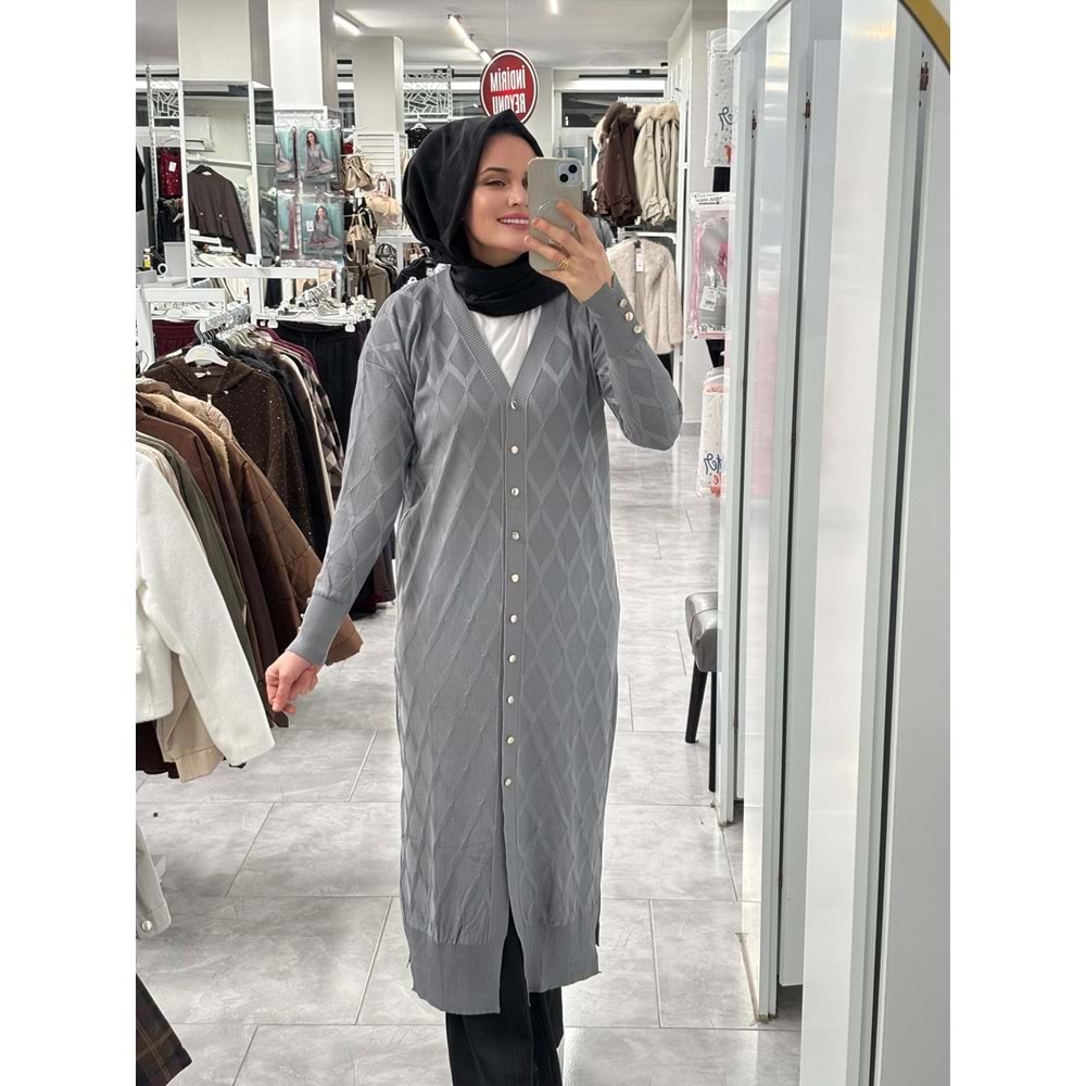 Uzun Baklava Desen Hırka 3295 - Gri - TEK BEDEN - AZRA07491-59195