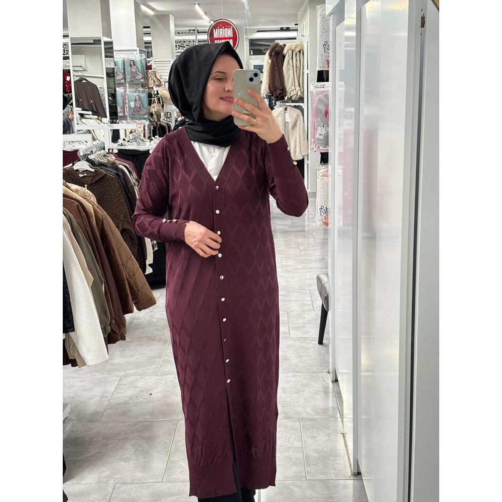 Uzun Baklava Desen Hırka 3295 - Mürdüm - TEK BEDEN - AZRA07491-59198