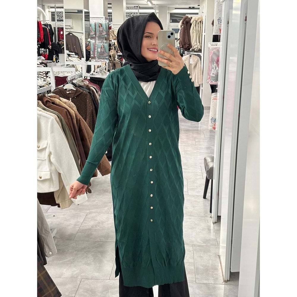 Uzun Baklava Desen Hırka 3295 - Zümrüt Yeşili - TEK BEDEN - AZRA07491-59201