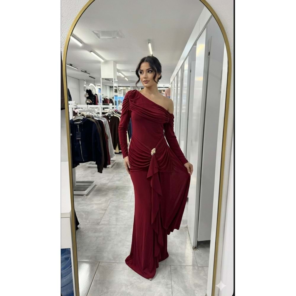 Tek Omuz Aksesuarlı Elbise 1430 - Bordo - S - AZRA07496-59238