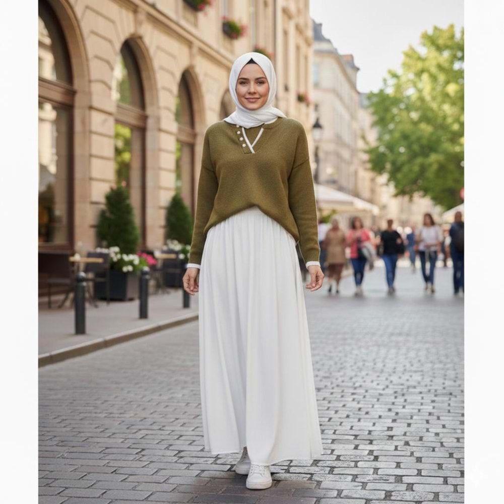 Düğme Detaylı Triko Kazak 2542 - Haki - TEK BEDEN - AZRA07500-59262