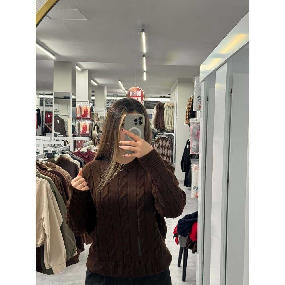 Saç Örgülü Triko Kazak 2573 - Acı Kahve - TEK BEDEN - AZRA07511-59303