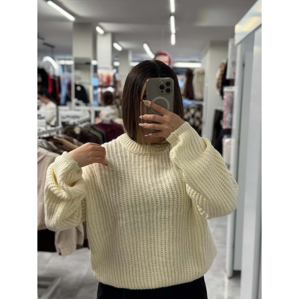 Selanik Örgü Triko Kazak 1700 - Krem - TEK BEDEN - AZRA07513-59311