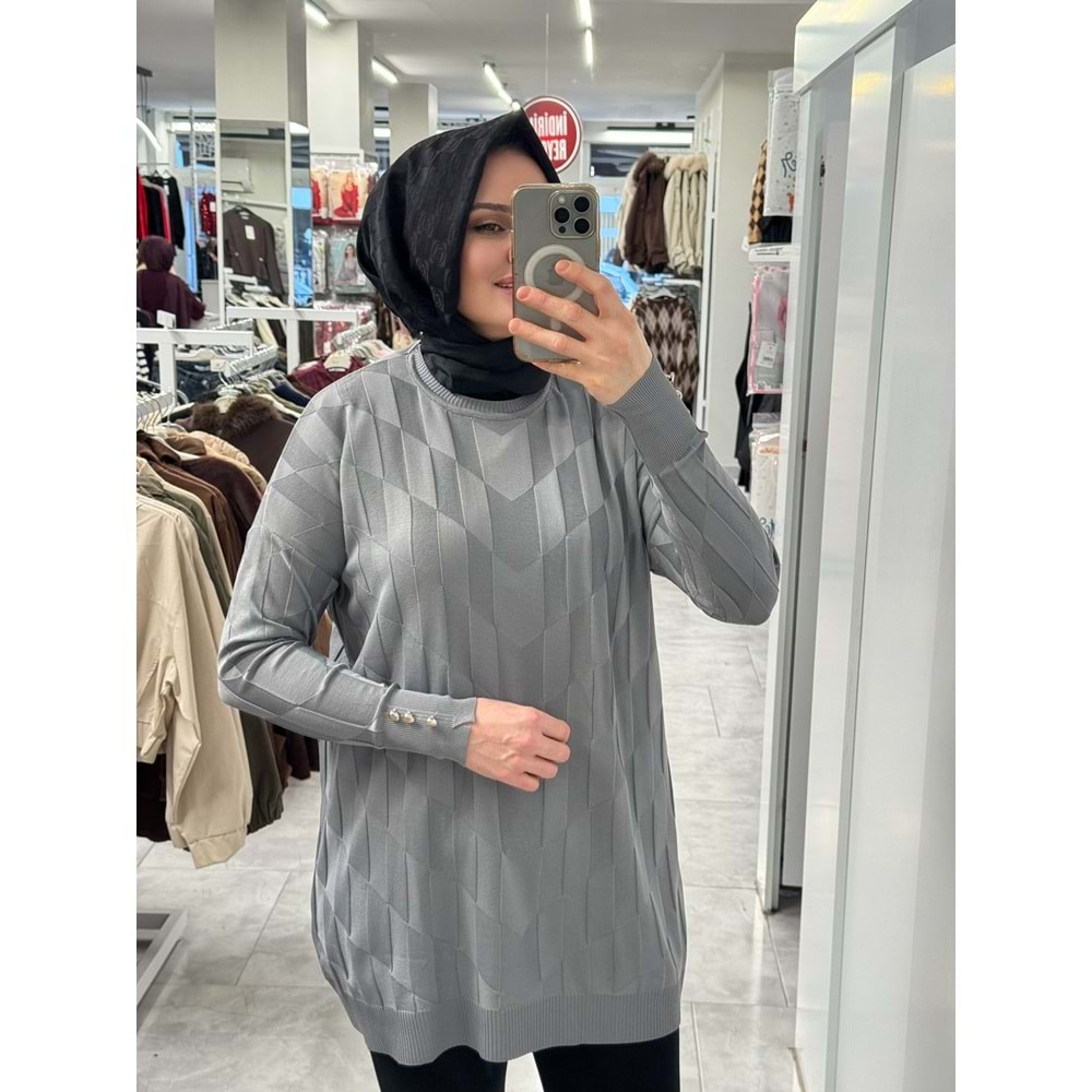 V Desen Salaş Merserize Tunik 3293 - Gri - TEK BEDEN - AZRA07527-59352