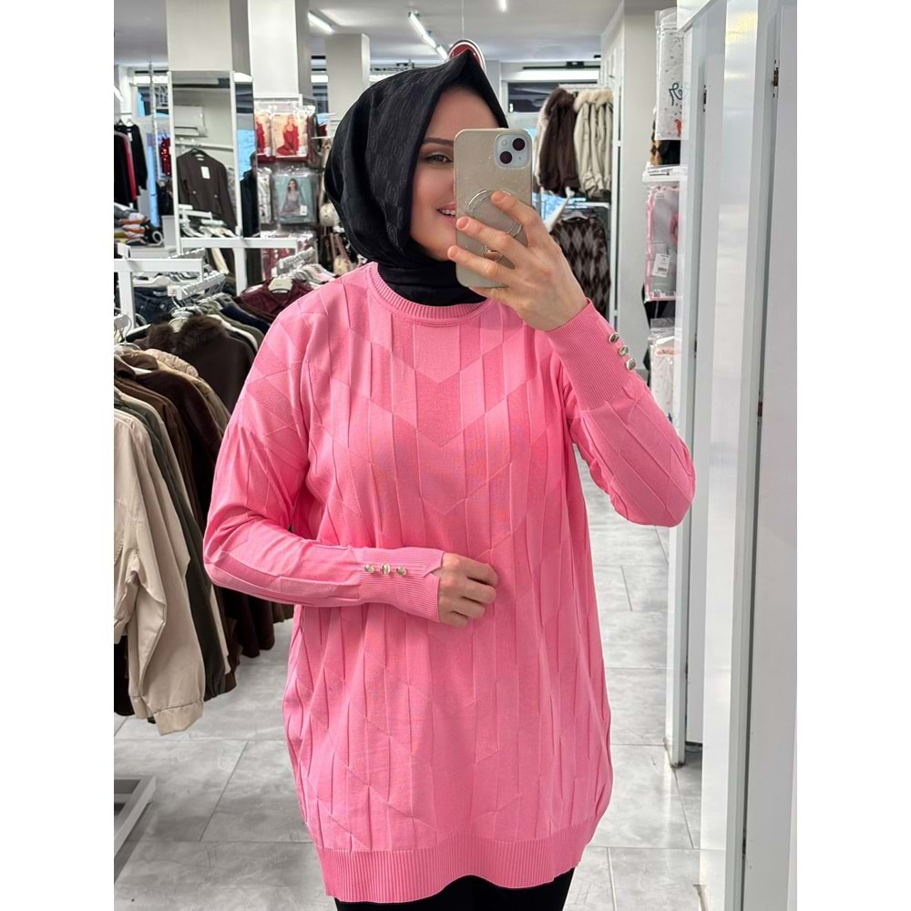 V Desen Salaş Merserize Tunik 3293 - Pembe - TEK BEDEN - AZRA07527-59357