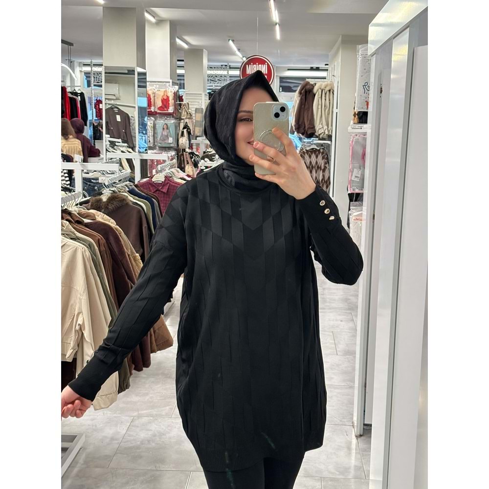 V Desen Salaş Merserize Tunik 3293 - Siyah - TEK BEDEN - AZRA07527-59358