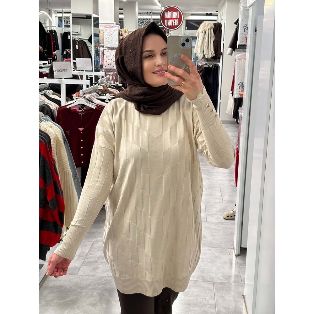 V Desen Salaş Merserize Tunik 3293 - Bej - TEK BEDEN