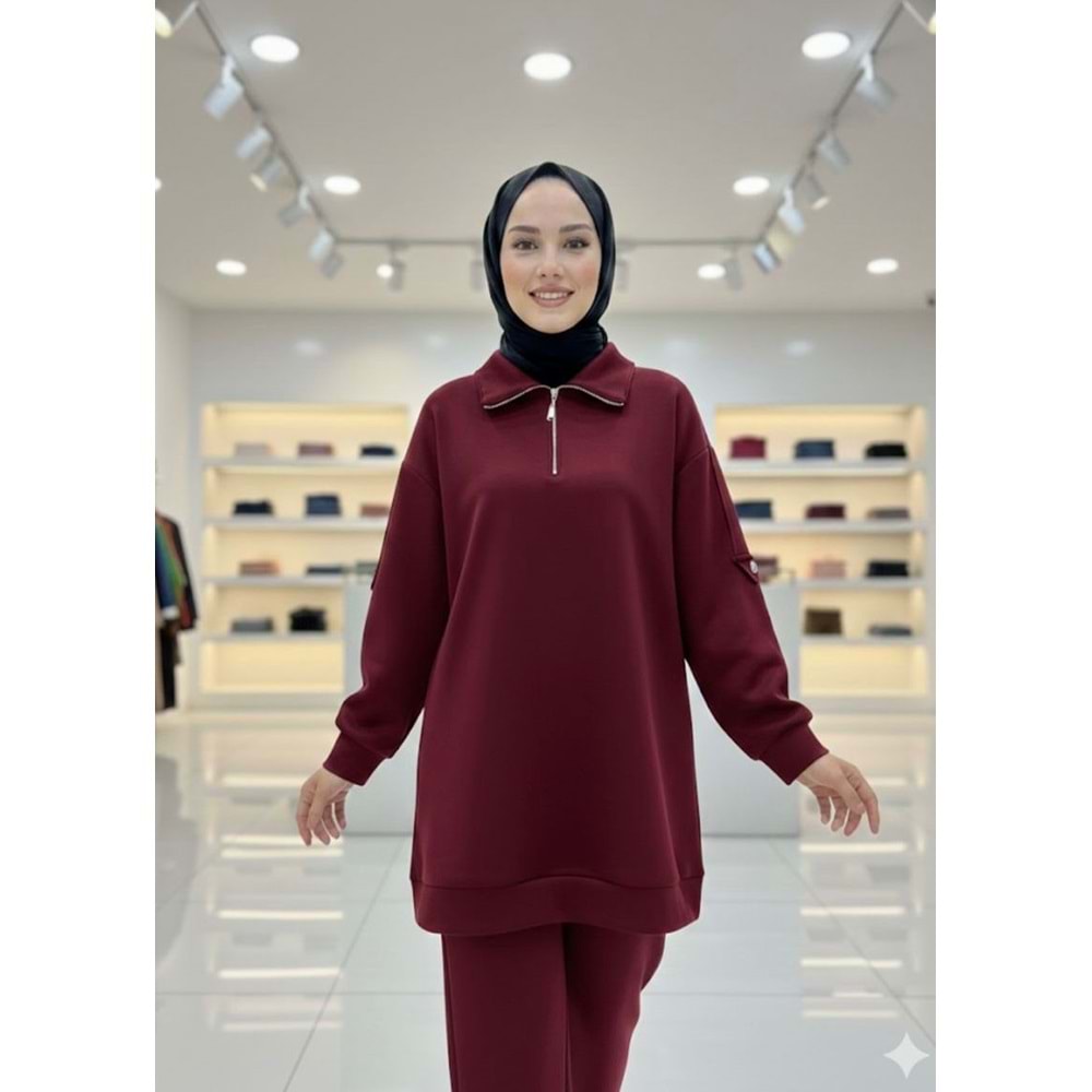 Omuzları Apoletli Scuba Tunik 1189 - Bordo - S-M