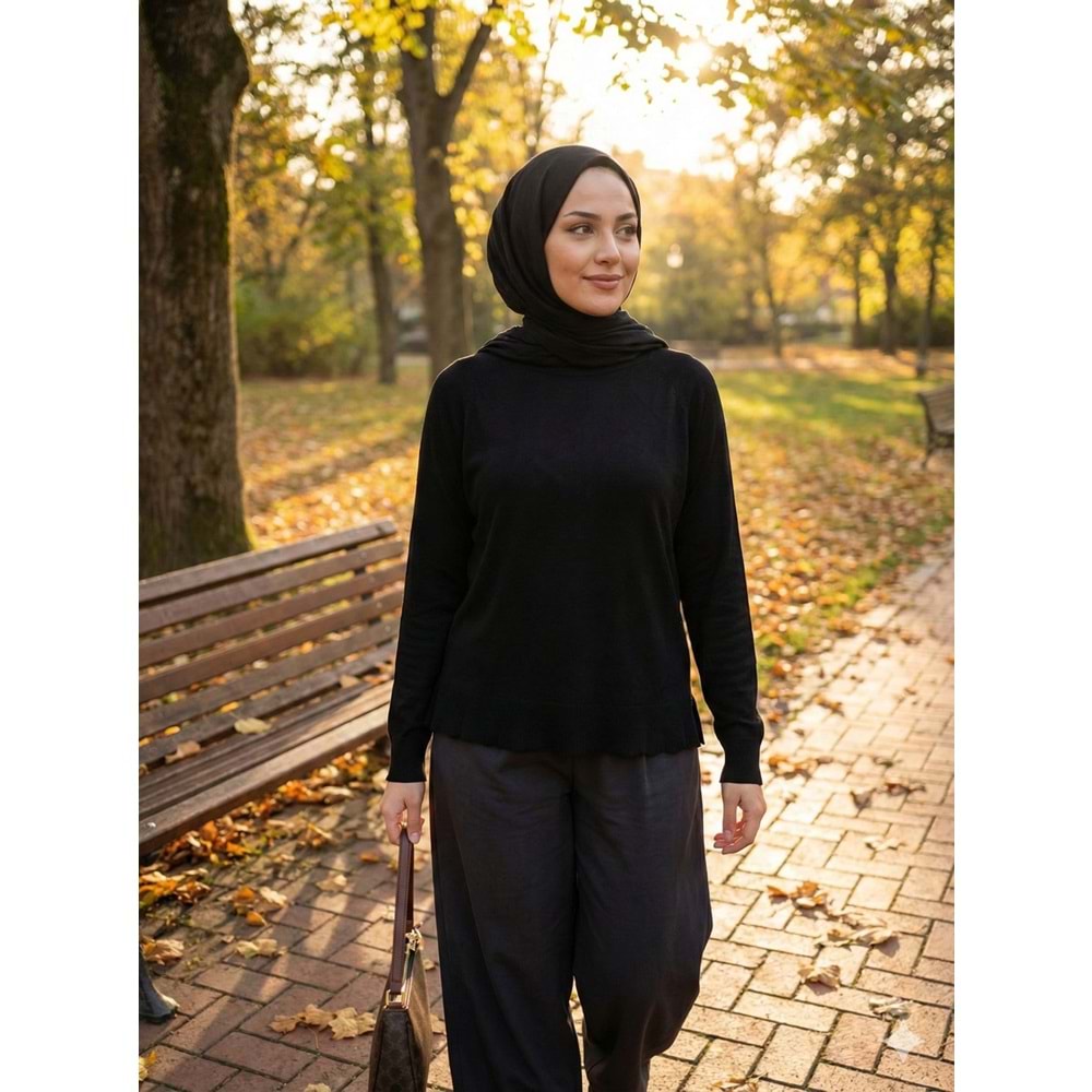 Bisiklet Yaka İnce Triko Kazak 10536 - Siyah - TEK BEDEN