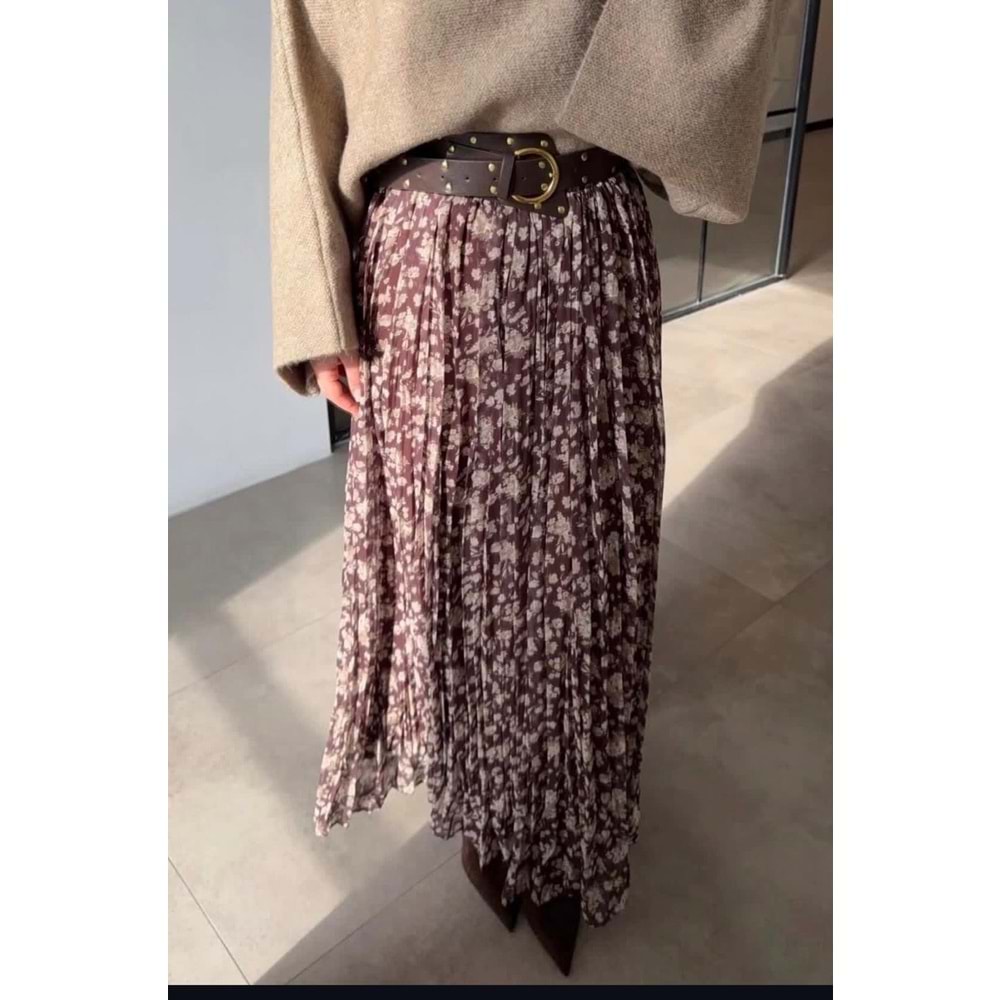 Çiçekli Şifon Etek 250651 - Acı Kahve - L