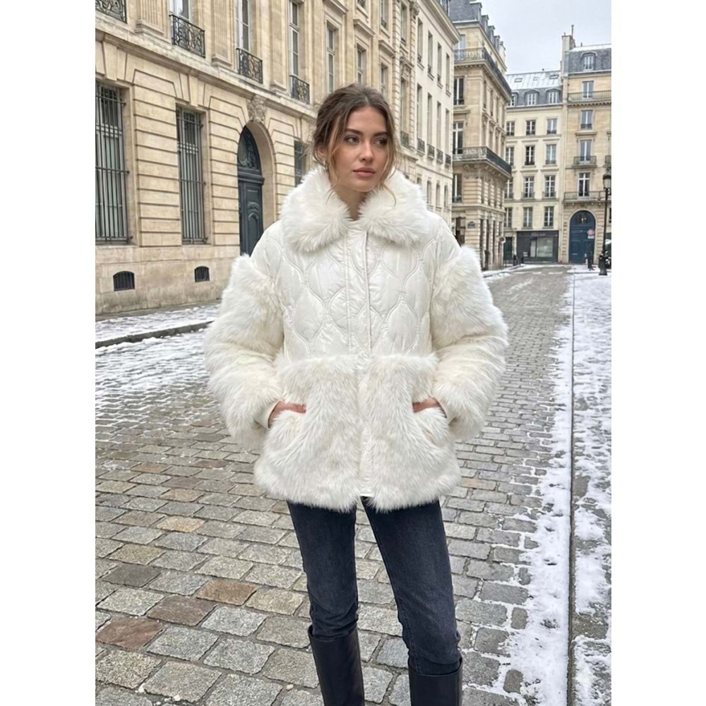 Peluşlu Lüks Mont 6183 - Ekru - TEK BEDEN