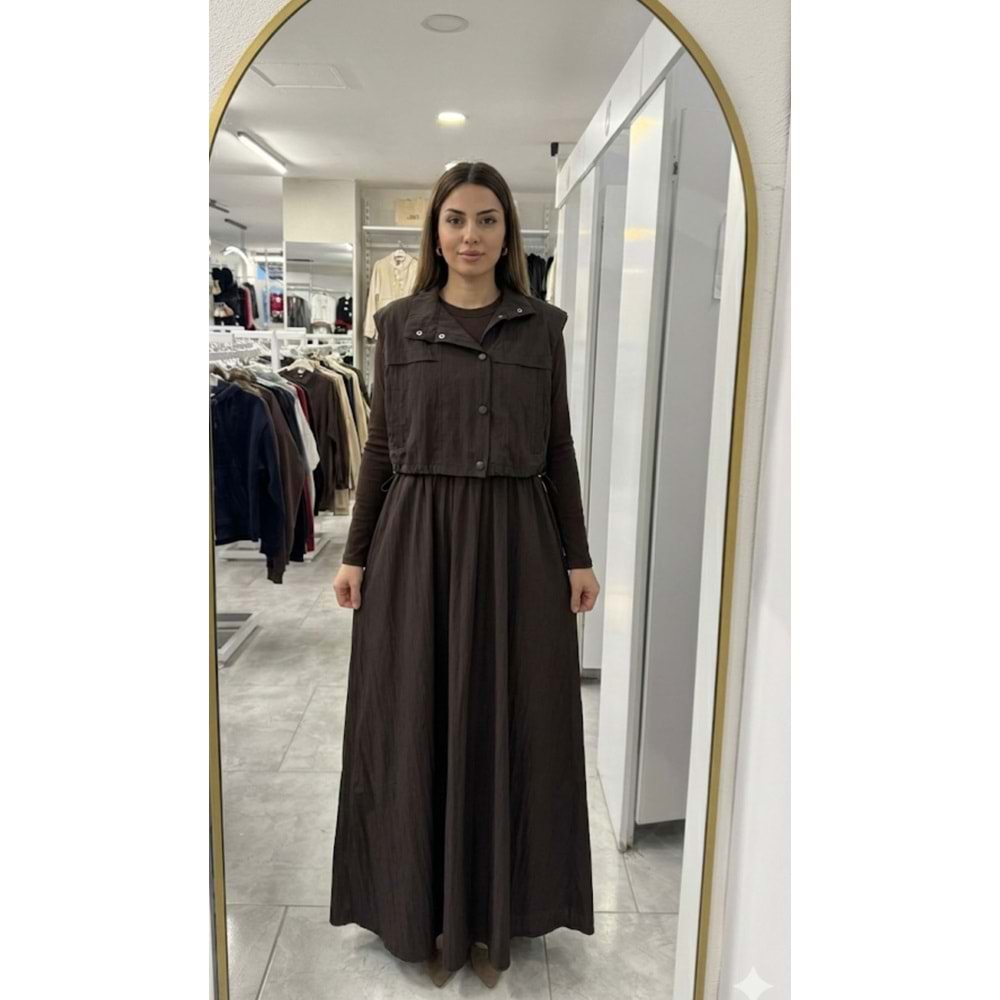 Çıkma Yelekli Elbise 34364 - Acı Kahve - M - AZRA07603-59737