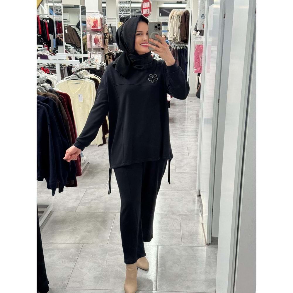 Yanı Çiçek Detaylı Modal Kumaş Takım 1606 - Siyah - 42-44 - AZRA07613-59793