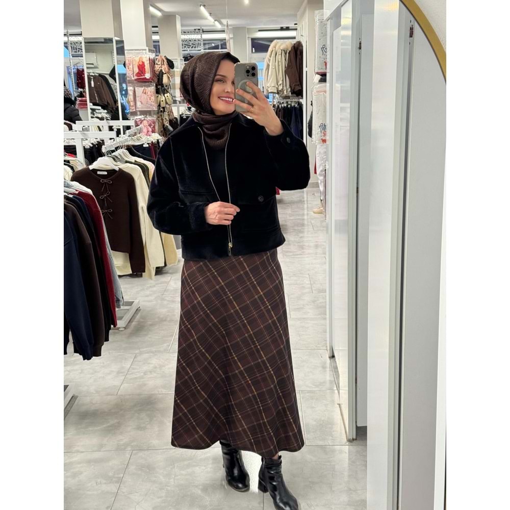 Çaprazlı Ekose Etek 1416 - Koyu Kahve - 38 - AZRA07628-59899