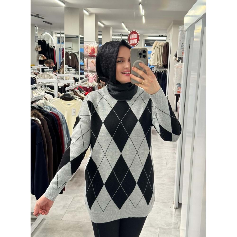 Baklava Desen Triko 3027 - Gri Siyah - TEK BEDEN