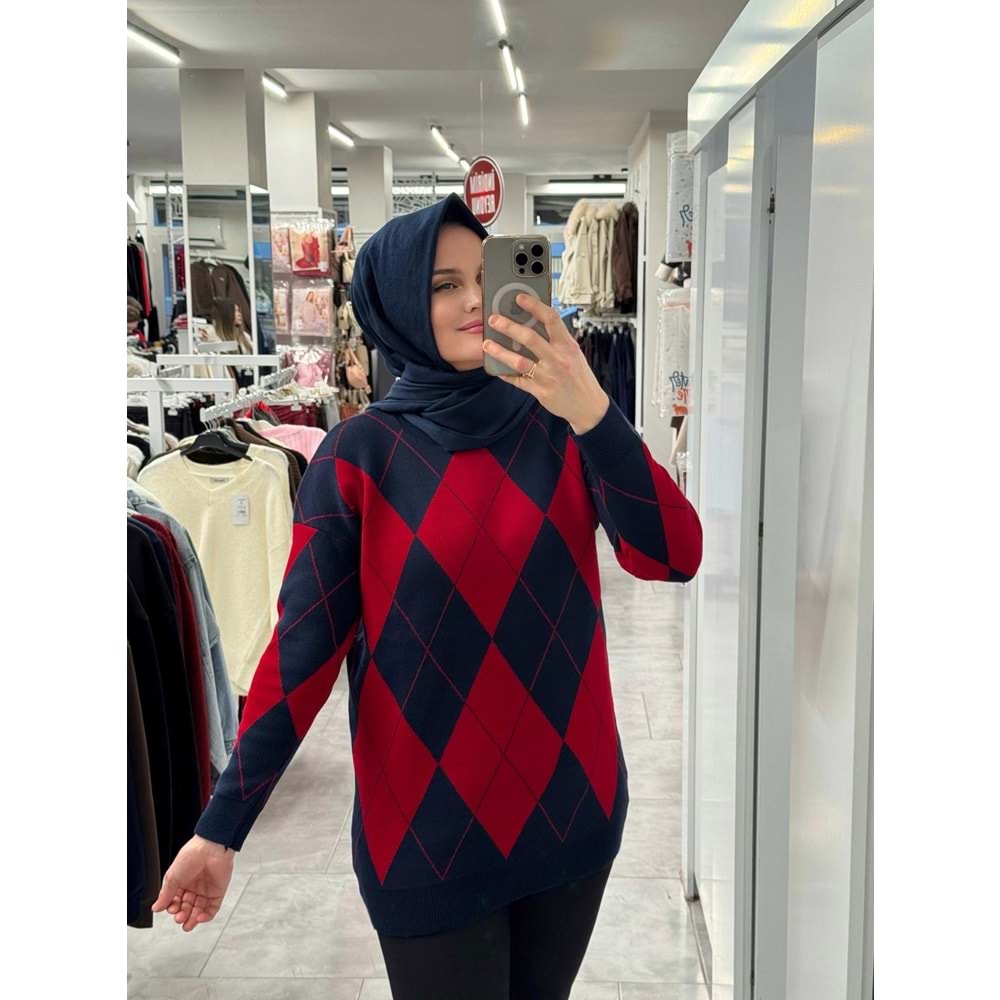 Baklava Desen Triko 3027 - Lacivert Kırmızı - TEK BEDEN