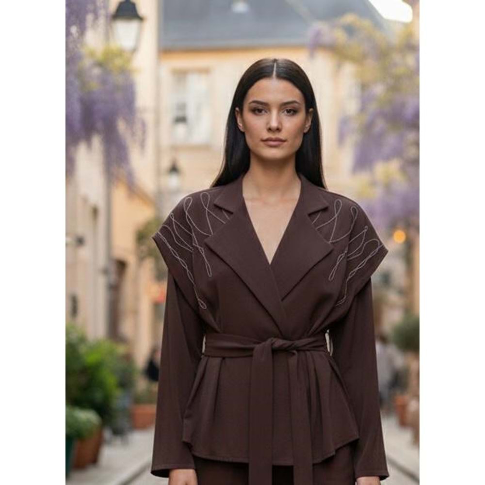 0801 Yelekli Taşlı Elbise 7266 - Kahve Rengi - 38 - AZRA07694-60116