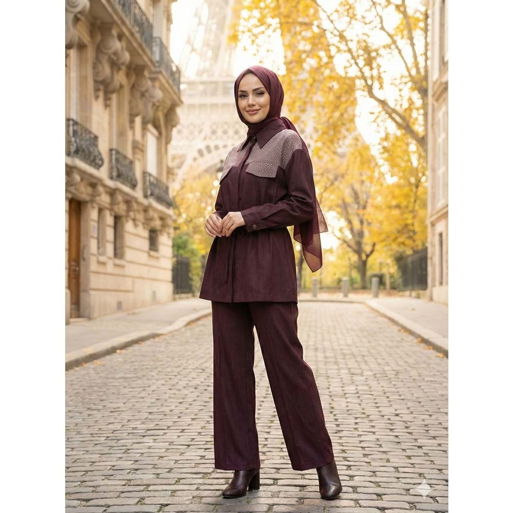 Ters Robalı Taşlı Takım 8204 - Bordo - S-M - AZRA07696-60133