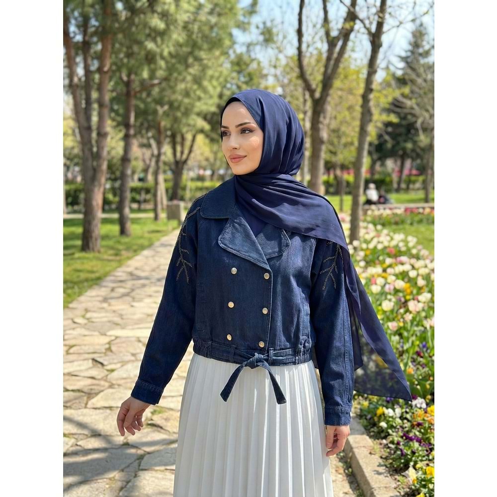 Kolları Taş İşlemeli Denim Ceket 7466 - Koyu Mavi - M-L - AZRA07700-60168