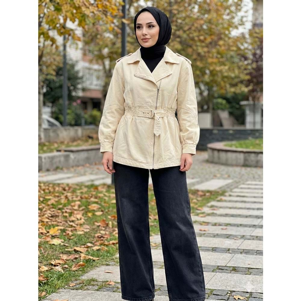 MGZN Beli Büzgülü Denim Ceket 7306 - Ekru - TEK BEDEN - AZRA07701-60172