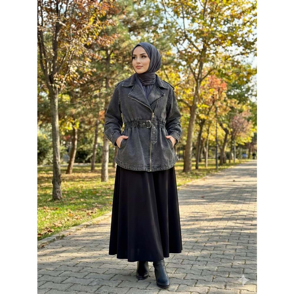 MGZN Beli Büzgülü Denim Ceket 7306 - Gri - TEK BEDEN - AZRA07701-60173