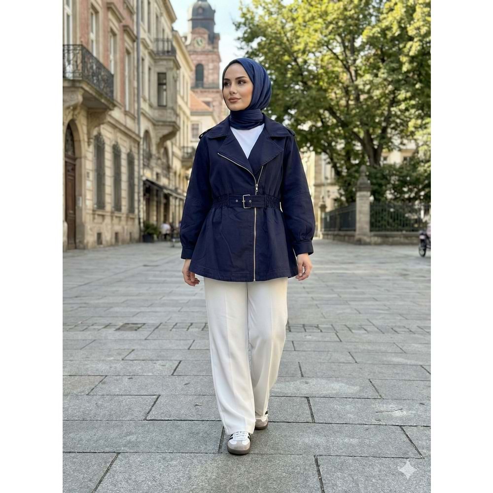 MGZN Beli Büzgülü Denim Ceket 7306 - Lacivert - TEK BEDEN - AZRA07701-60175