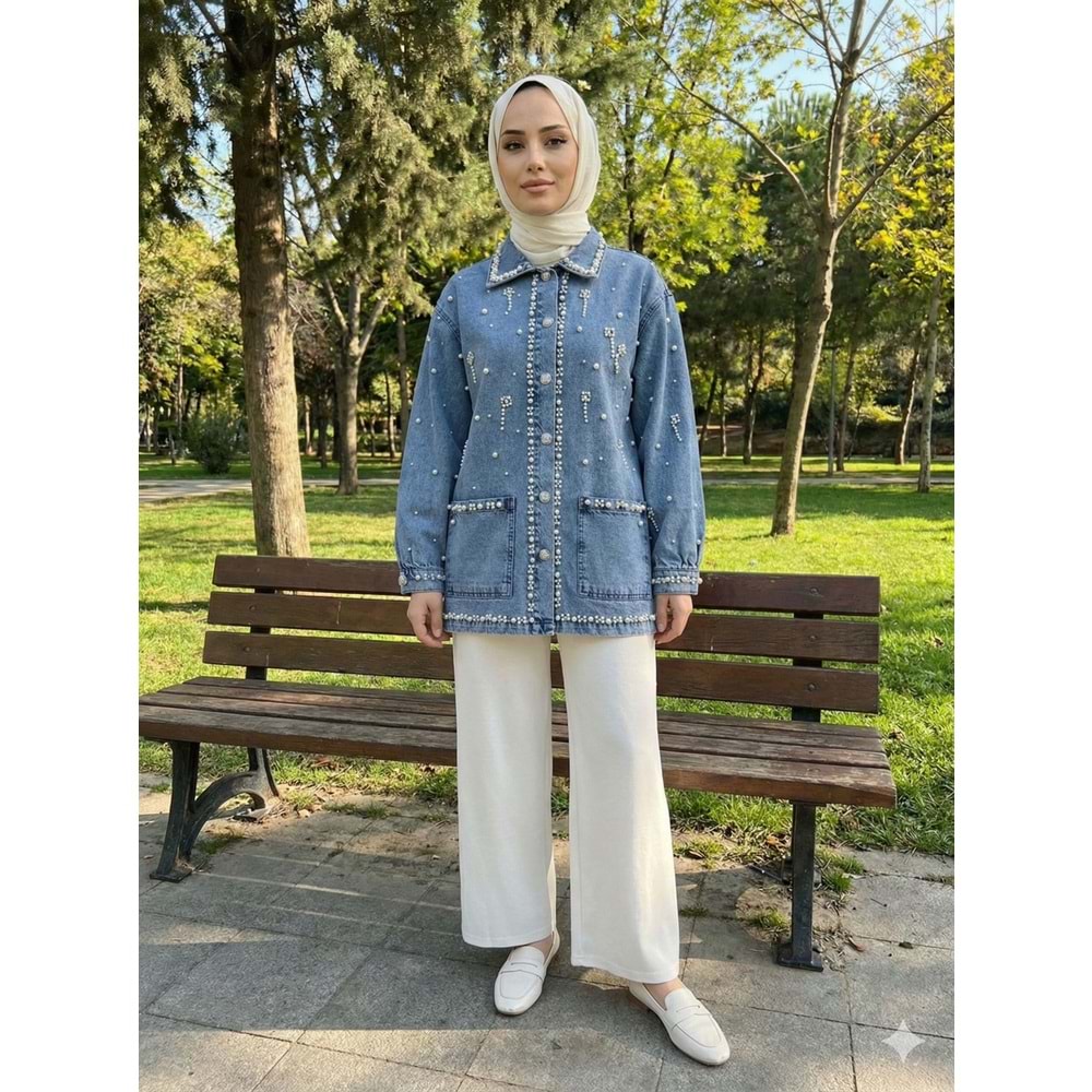 İnci ve Taş Detaylı Denim Ceket 7444 - Açık Mavi - M-L - AZRA07704-60195