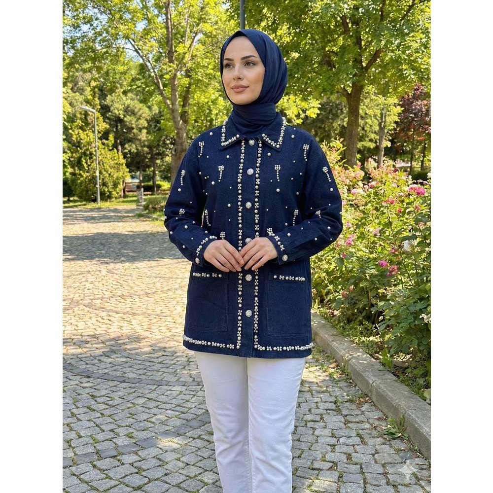 İnci ve Taş Detaylı Denim Ceket 7444 - Koyu Mavi - M-L - AZRA07704-60198