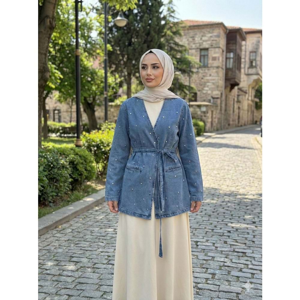 Zımba Detaylı Önden Bağlamalı Ceket 7472 - Açık Mavi - S-M - AZRA07705-60201