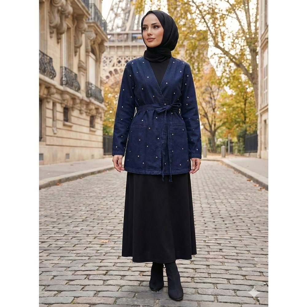 MGZN Zımba Detaylı Önden Bağlamalı Ceket 7472 - Lacivert - M-L - AZRA07705-60223