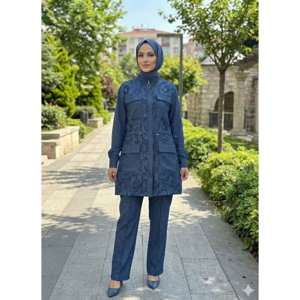 Boncuklu Cep Kapaklı İpek Qupra Takım 1204 - Lacivert - L